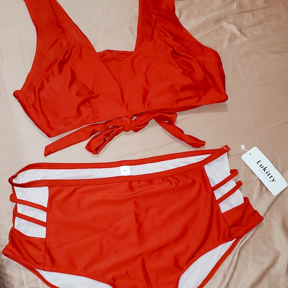 2pcs high waist red bikini swimsuit